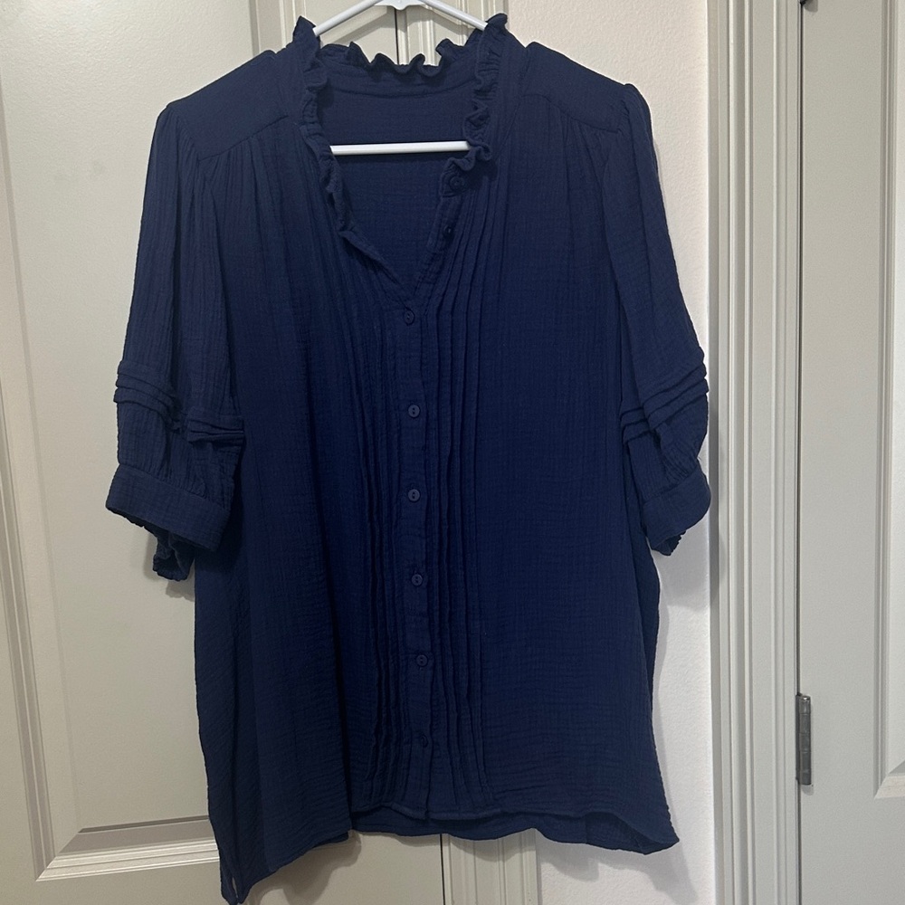 Laura Ashley Navy Button-Front Ruffle Collar Blouse